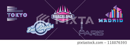 Capital City Label and Logo on Purple Background Vector Set 118876393