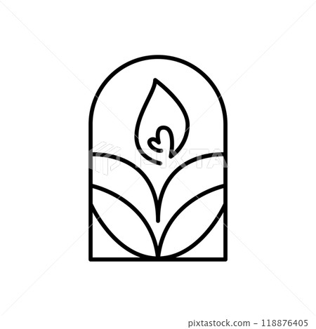 Vector Elegant Candle with fire heart line art logo design Spa Icon. Soothing Light Symbol for Wellness and Relaxation 118876405