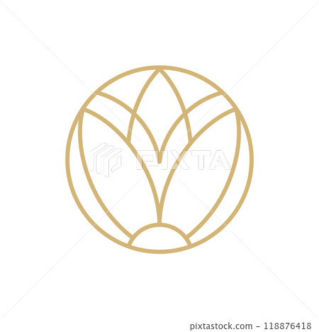 Simple flower lotus round line logo aesthetics. Emblem plant in circle linear style. Vector abstract badge for design of natural products, flower shop, cosmetics, ecology concepts, health, spa, yoga 118876418
