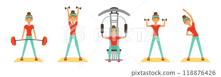 Woman Character at Sport Gym Training and Workout Vector Set 118876426