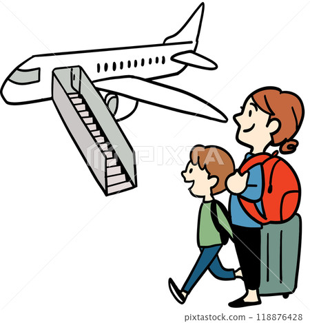 Mother and child boarding an airplane Mother and child boarding an airplane 118876428