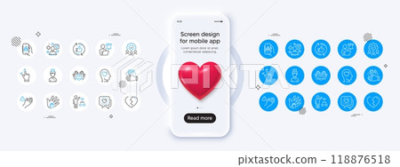 Phone mockup with 3d heart icon. Broken heart, Touchscreen gesture and Social responsibility line icons. Pack of Food app, Doctor, Clapping hands icon. Vector 118876518