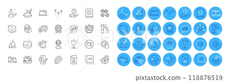 Return package, Glass and User notification line icons pack. Laptop, Loyalty ticket, Megaphone web icon. Click hand, Medical tablet, Heart pictogram. Tap water, Square meter, Porridge. Vector 118876519