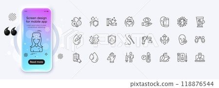 Dont touch, Problem skin and Nasal test line icons for web app. Phone mockup gradient screen. Pack of Mint tea, Blood and saliva test, Fahrenheit thermometer pictogram icons. Vector Dont touch, Problem skin and Nasal test line icons for web app. Phone mockup gradient screen. Pack of Mint tea, Blood and saliva test, Fahrenheit thermometer pictogram icons. Vector 118876544