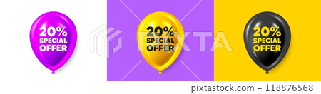 Birthday balloons 3d icons. 20 percent discount offer tag. Sale price promo sign. Special offer symbol. Discount text message. Party balloon banners with text. Birthday or sale ballon. Vector Birthday balloons 3d icons. 20 percent discount offer tag. Sale price promo sign. Special offer symbol. Discount text message. Party balloon banners with text. Birthday or sale ballon. Vector 118876568