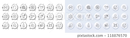 Improving safety, Health eye and Coronavirus line icons. White pin 3d buttons, chat bubbles icons. Pack of Cough, Stress, Sodium mineral icon. Vector 118876570
