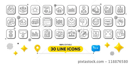 Inflation, Video conference and Keywords line icons pack. 3d design elements. Incoming mail, Accounting, Legal documents web icon. Mail correspondence, Consulting business, Star pictogram. Vector 118876580
