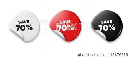 Save 70 percent off tag. Price tag sticker with offer message. Sale Discount offer price sign. Special offer symbol. Sticker tag banners. Discount label badge. Vector 118876589