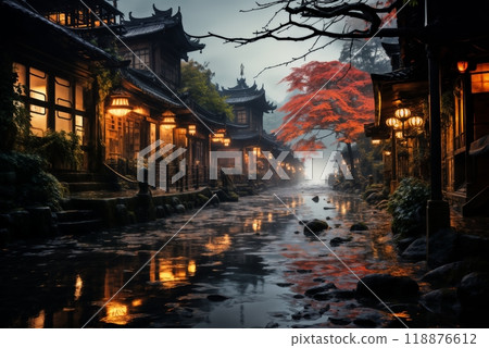old town on a late rainy evening, wet pavement, street lights, old architecture in Japanese or Chinese style 118876612
