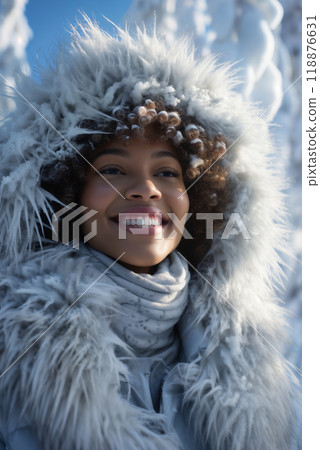 portrait of an African American woman in fashionable clothes with fur in winter nature, snow-covered tree branches on a bright sunny day 118876631