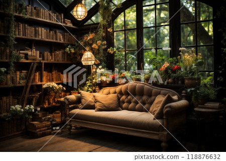 living room with modern furniture and large panoramic windows in the forest, integration with nature 118876632