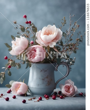 flower arrangement in a cup, soft pink roses, leaves and twigs 118876633
