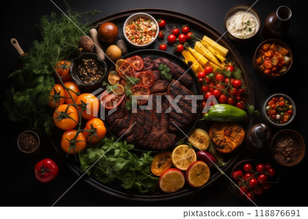a large dish with meat and vegetables and herbs cooked on fire as a barbecue, roast in a frying pan, delicious food a large dish with meat and vegetables and herbs cooked on fire as a barbecue, roast in a frying pan, delicious food 118876691