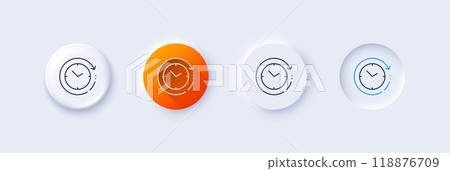 Time change line icon. Neumorphic, Orange gradient, 3d pin buttons. Clock sign. Watch symbol. Line icons. Neumorphic buttons with outline signs. Vector 118876709