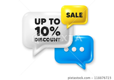 Up to 10 percent discount tag. Offer speech bubble 3d icon. Sale offer price sign. Special offer symbol. Save 10 percentages. Discount tag chat offer. Speech bubble sale banner. Vector Up to 10 percent discount tag. Offer speech bubble 3d icon. Sale offer price sign. Special offer symbol. Save 10 percentages. Discount tag chat offer. Speech bubble sale banner. Vector 118876723