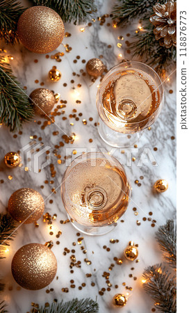Festive Flat lay with Champagne and Christmas Ornaments 118876773