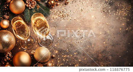 New Year's Flat lay with Golden Baubles and Champagne 118876775
