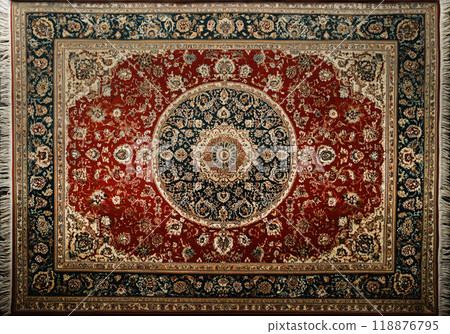 Traditional Persian rug with bold red and blue medallion 118876795