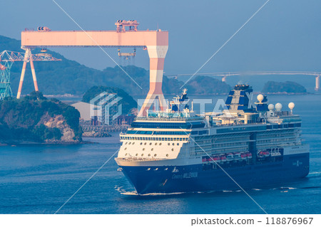 Cruise ship arriving at Nagasaki Port (Celebrity Millennium) from Megami Ohashi Bridge [Nagasaki City] 118876967