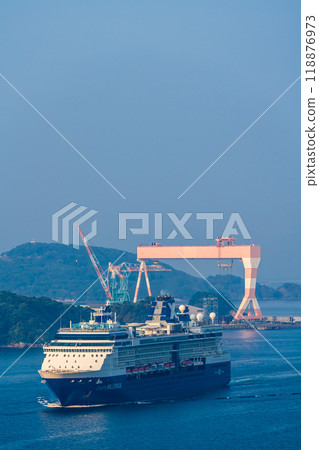 Cruise ship arriving at Nagasaki Port (Celebrity Millennium) from Megami Ohashi Bridge [Nagasaki City] 118876973