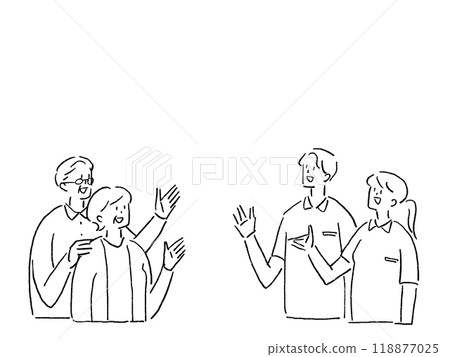 Medical, nursing, and welfare work (elderly couple and nurse, caregiver), line drawing 118877025