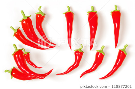 3d set of chili pepper isolated on white background. Red hot cayenne in different angles. Organic vegetable food, natural spicy paprika. Mexican cuisine ingredient Cartoon render icon. 3D illustration 118877201
