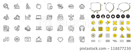 Set of Phone payment, Euro rate and Approve line icons for web app. Design elements, Social media icons. Microphone, Phone protect, Software bug icons. Vector 118877230