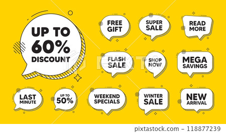 Offer speech bubble icons. Up to 60 percent discount. Sale offer price sign. Special offer symbol. Save 60 percentages. Discount tag chat offer. Speech bubble discount banner. Text box balloon. Vector Offer speech bubble icons. Up to 60 percent discount. Sale offer price sign. Special offer symbol. Save 60 percentages. Discount tag chat offer. Speech bubble discount banner. Text box balloon. Vector 118877239