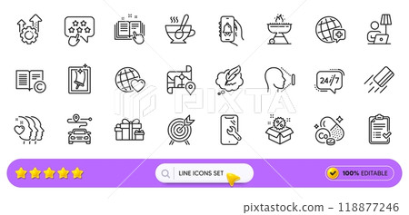 Floor lamp, Ranking star and Holiday presents line icons for web app. Pack of Archery, Seo gear, Friends world pictogram icons. Smartphone repair, Face id, Window cleaning signs. Search bar. Vector 118877246