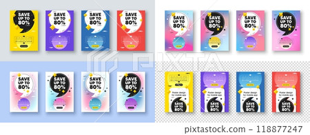 Poster templates design with quote, comma. Save up to 80 percent tag. Discount Sale offer price sign. Special offer symbol. Discount poster frame message. Quotation offer bubbles. Vector 118877247