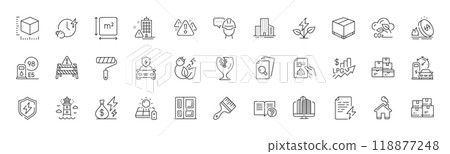 Building warning, Package size and Wholesale inventory line icons. Pack of Enterprise, Paint roller, Power certificate icon. Solar panel, Charging time, Car charging pictogram. Line icons. Vector 118877248