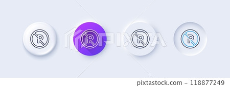 No parking line icon. Neumorphic, Purple gradient, 3d pin buttons. Car park not allowed sign. Transport garage symbol. Line icons. Neumorphic buttons with outline signs. Vector 118877249