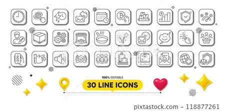 Online market, Brush and Calendar line icons pack. 3d design elements. Fireworks, Globe, Share mail web icon. Baggage reclaim, Correct answer, Cogwheel pictogram. Vector Online market, Brush and Calendar line icons pack. 3d design elements. Fireworks, Globe, Share mail web icon. Baggage reclaim, Correct answer, Cogwheel pictogram. Vector 118877261
