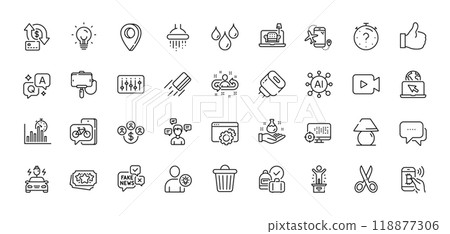 Shower, Waterproof and Fake news line icons pack. AI, Question and Answer, Map pin icons. Energy, Credit card, Furniture web icon. Message, Like, Trash bin pictogram. Vector Shower, Waterproof and Fake news line icons pack. AI, Question and Answer, Map pin icons. Energy, Credit card, Furniture web icon. Message, Like, Trash bin pictogram. Vector 118877306