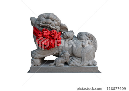 Stone Guardian Lion, adorned with Red Ribbon, stands majestically 118877609