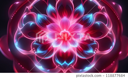 Abstract flower with petals emitting light. The color scheme includes neon shades of blue, purple and pink. 118877684