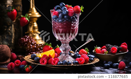 Tall Crystal Goblet Filled with Fresh Fruit Juice 118877685