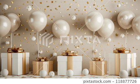 Elegant party background with golden balloons, gifts celebrating special occasion. Generative AI 118877726