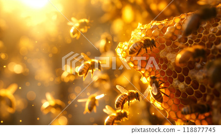 Bees busy at work in vibrant honeycomb during sunny afternoon in nature. Generative AI 118877745