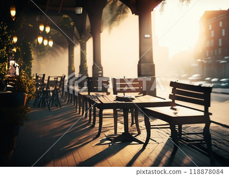 Sunset landscape with cafe tables and chairs Sunset landscape with cafe tables and chairs 118878084