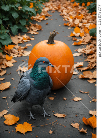 A pigeon posing with Halloween pumpkin on the sidewalk on a cool autumn day.   Ordinary animal life, creative photography.    118878277
