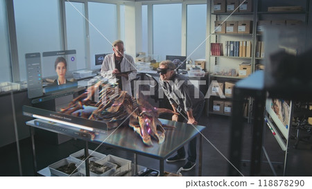 VFX graphics of virtual display with AI assistant and 3D animation of ancient dinosaur VFX graphics of virtual display with AI assistant and 3D animation of ancient dinosaur 118878290