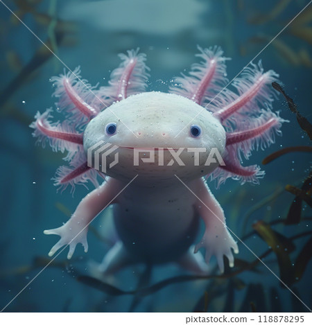 Close-up of a cute axolotl in water, showcasing its pink feathery gills and curious expression. Captures the charm and unique features of this amphibian. 118878295