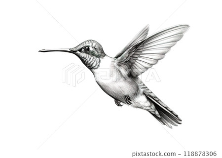 A delicate black and white sketch of a hummingbird in flight, its wings outstretched and its tiny body hovering effortlessly. Bird painting. 118878306