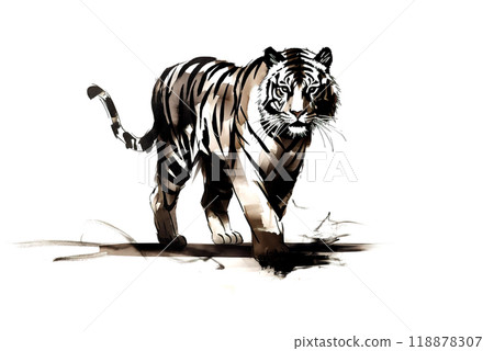 A powerful tiger, painted in black and white ink, stalks forward with a determined gaze on white background, Wildlife Animals. 118878307