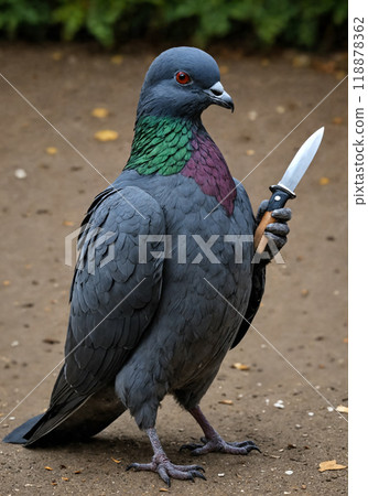 An aggressive gangster pigeon holds a penknife in its wing. Creative street art. Animal fashion. Abstract photography 118878362