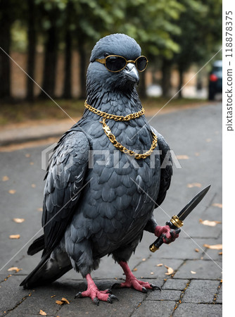 An aggressive gangster pigeon adorned with a gold chain holds a penknife in its wing, . Creative street art. Animal fashion. He wears black sunglasses on his head. Abstract photography An aggressive gangster pigeon adorned with a gold chain holds a penknife in its wing, . Creative street art. Animal fashion. He wears black sunglasses on his head. Abstract photography 118878375
