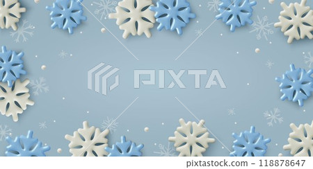 Winter 3d background design with white and blue snowflakes frame and copy space 118878647