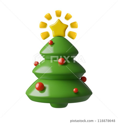 3d minimal Christmas and New Year pine tree icon with shining star and red holiday decorations  118878648