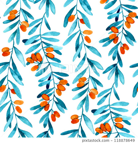 watercolor seamless pattern with sea buckthorn berries. illustration in simple style, wild berry leaves and berries watercolor seamless pattern with sea buckthorn berries. illustration in simple style, wild berry leaves and berries 118878649